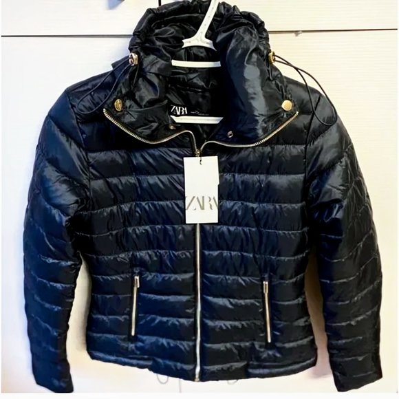 Zara Black Puffy Jacket/ Wind Breaker with Gold Hardware Zipper - Picture 3 of 5